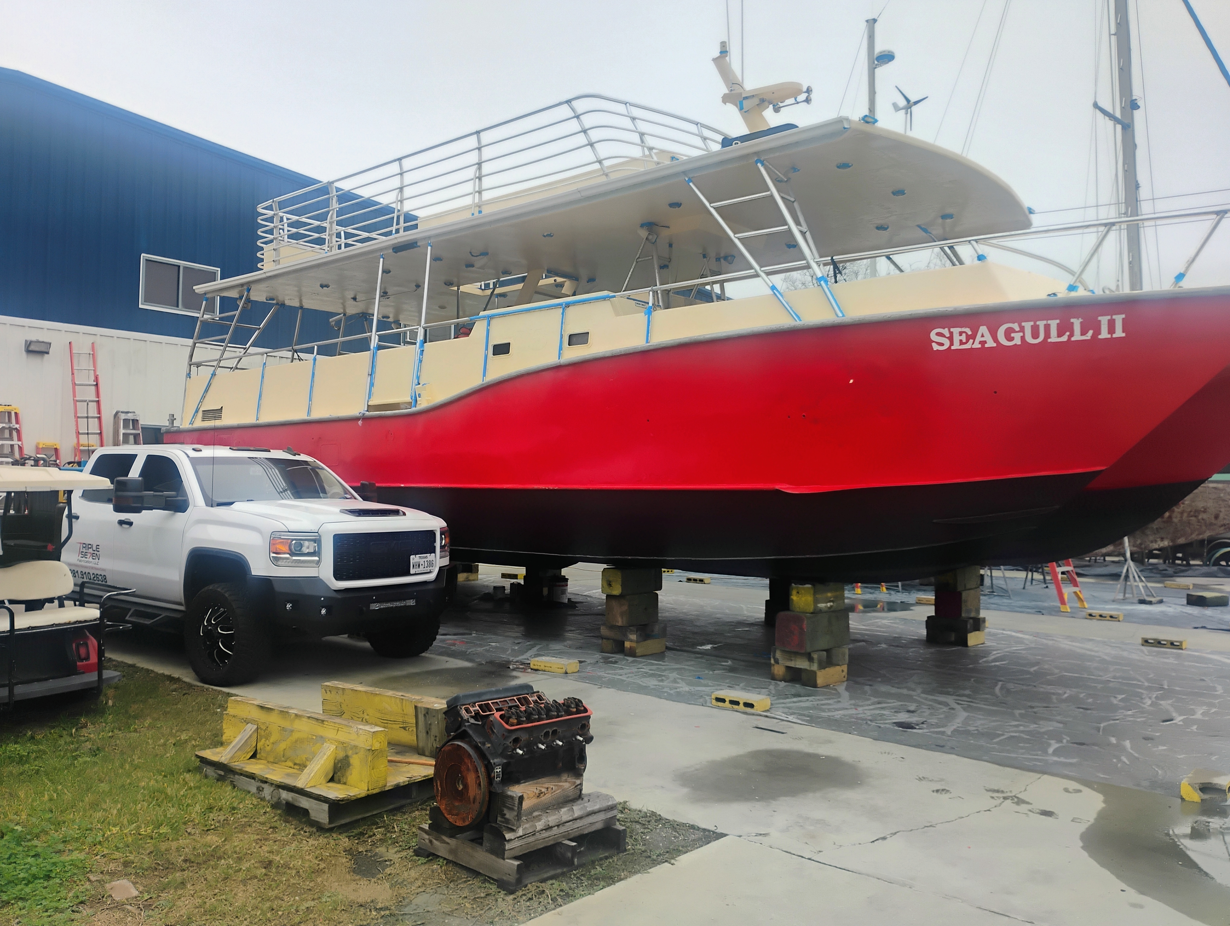 Seagull II boat hull repair worksite wide view